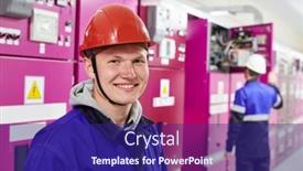  Presentation with power supply - Presentation design having industrial-worker-portrait-in-mask background and a navy blue colored foreground