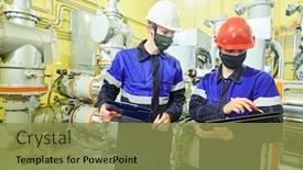  Presentation with industrial power - Audience pleasing presentation theme consisting of industrial-worker-portrait-in-mask backdrop and a gold colored foreground