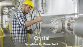  Presentation with industrial valve - PPT theme having industrial worker turning large valve background and a gray colored foreground