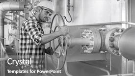  Presentation with industrial valve - Presentation having industrial worker turning large valve background and a gray colored foreground