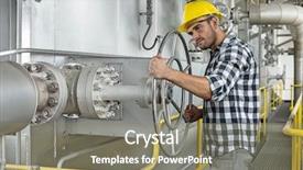  Presentation with industrial valve - PPT theme enhanced with industrial worker turning large valve background and a gray colored foreground