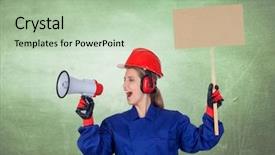  Presentation with poster - Slide set consisting of industrial worker woman background and a mint green colored foreground