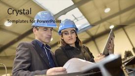  Presentation with architects - Presentation theme with industrial workshop checking on project background and a  colored foreground