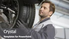  Presentation with tyre - Beautiful presentation design featuring tyre industry - mid adult technician adjusting car's backdrop and a gray colored foreground