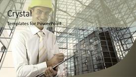  Presentation with medical protective wears - Slide set consisting of industry development - young architect wearing a protective background and a  colored foreground