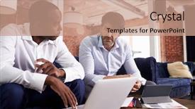  Presentation with relaxation - PPT layouts having breakout - businessmen working on sofas background and a coral colored foreground