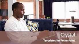  Presentation with anchorage metropolitan area - PPT theme featuring breakout - businessmen working on sofas background and a coral colored foreground