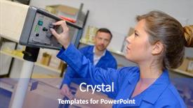  Presentation with controls - Cool new PPT layouts with industry manufacture - lady altering controls on machinery backdrop and a cobalt blue colored foreground