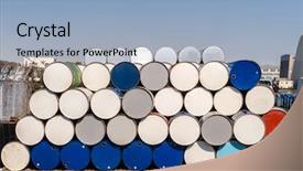  Presentation with waste oil - Beautiful PPT theme featuring industry oil chemical metal barrels backdrop and a light blue colored foreground