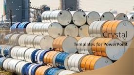  Presentation with waste oil - Colorful PPT layouts enhanced with industry-oil-chemical-metal-barrels backdrop and a coral colored foreground