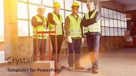  Presentation with factory workers - Slide set with industry-workers-group-in-hall background and a coral colored foreground