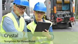  Presentation with dump truck - Beautiful theme featuring safety meeting - recycling industry workers using tablet backdrop and a mint green colored foreground