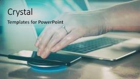  Presentation with wireless - PPT theme with indution - smartphone and hand near background and a seafoam green colored foreground