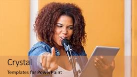  Presentation with singer - Colorful theme enhanced with indy race - female singer pointing while holding backdrop and a  colored foreground