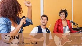  Presentation with recording studio - PPT layouts enhanced with indy race - happy drummer and guitarist looking background and a coral colored foreground