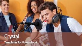  Presentation with singer - Slides having indy race - male singer wearing headphones while background and a tawny brown colored foreground