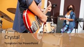  Presentation with music man in suit guitar - Presentation theme consisting of indy race - midsection of man playing guitar background and a coral colored foreground