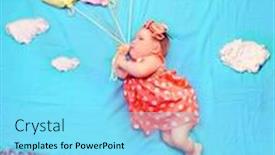  Presentation with helium - Colorful theme enhanced with infant baby girl flying on a helium balloons against textile decoration of a floral meadow and blue sky backdrop and a arctic colored foreground