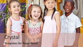  Presentation with happy kids - PPT theme having infant care centre - happy interracial children together background and a coral colored foreground