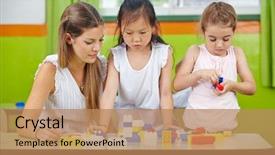  Presentation with infant care - Colorful PPT theme enhanced with child care worker center education - two children playing with building backdrop and a light gray colored foreground