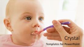  Presentation with baby food - Colorful presentation design enhanced with infant eating - mother feeding baby food backdrop and a coral colored foreground