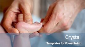  Presentation with massage therapist - PPT theme enhanced with infant feet - picture of hands of massage background and a teal colored foreground