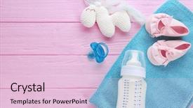  Presentation with baby bottle formula - Presentation theme with infant formulas - composition with feeding bottle background and a lemonade colored foreground