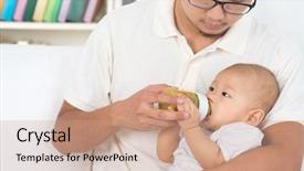  Presentation with baby bottle - PPT theme with infant formulas - father bottle feeding baby fruits background and a coral colored foreground