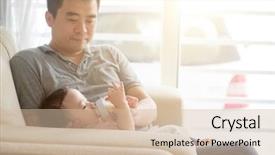  Presentation with baby bottle formula - Beautiful presentation theme featuring infant formulas - happy asian family at home backdrop and a soft green colored foreground