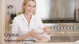  Presentation with infant - Slides enhanced with infant formulas - mother feeding baby in kitchen background and a soft green colored foreground