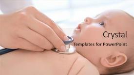  Presentation with baby doctor - Audience pleasing PPT theme consisting of infant heart disease - doctor examining little baby backdrop and a coral colored foreground