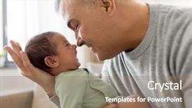  Presentation with baby sitting - Audience pleasing PPT theme consisting of family fatherhood and people concept - happy father with little baby boy sitting on sofa at home backdrop and a coral colored foreground