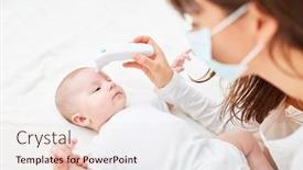  Presentation with infants - Slide set featuring infants the doctor measures the temperature with the infrared forehead thermometer background and a lemonade colored foreground