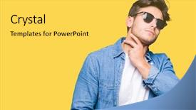  Presentation with one young man exercising handball - PPT layouts with infect - young handsome man wearing sunglasses background and a yellow colored foreground