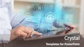  Presentation with security network - Beautiful theme featuring infection control - business woman using tablet backdrop and a violet colored foreground