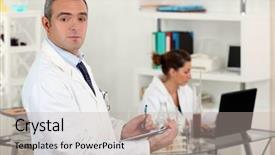  Presentation with infection control - Colorful presentation design enhanced with infection control - doctor in a laboratory backdrop and a mint green colored foreground