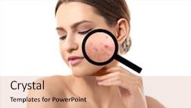  Presentation with acne woman - Slides enhanced with infection control - young woman with magnifying glass background and a coral colored foreground
