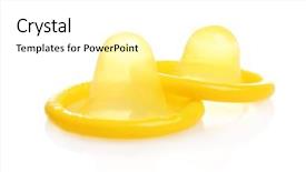  Presentation with condoms - Presentation theme with infection control prevention - two yellow condoms isolated background and a white colored foreground