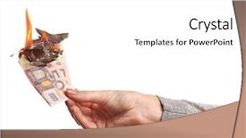  Presentation with hand holding pencil - Presentation with inflamation - female hand holding burning euro background and a white colored foreground