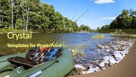  Presentation with boat river - Beautiful theme featuring inflatable boat fishermen on the river bank backdrop and a tawny brown colored foreground