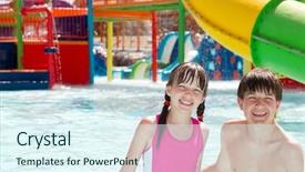  Presentation with children playing - Beautiful PPT theme featuring inflatable water slide - children playing in pool backdrop and a  colored foreground