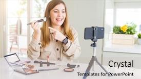  Presentation with influencer - Slide deck with influences - beautiful young influencer woman recording background and a soft green colored foreground