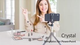  Presentation with recording - Slide deck enhanced with influences - beautiful young influencer woman recording background and a light gray colored foreground