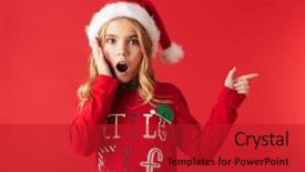  Presentation with golden christmas trumpet and red - Slides enhanced with info - shocked little girl wearing christmas background and a crimson colored foreground