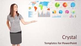 Presentation with colorful - Beautiful PPT layouts featuring infomation - business woman with colorful graphs backdrop and a sky blue colored foreground