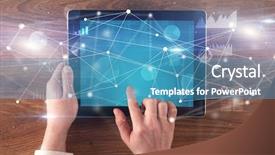  Presentation with report - Audience pleasing slides consisting of infor - hand using tablet with linking backdrop and a teal colored foreground