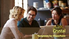  Presentation with cafe - PPT theme enhanced with informal - three businesspeople working at laptop background and a tawny brown colored foreground
