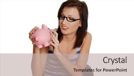  Presentation with economy - Presentation design consisting of informal economy - smiling young woman holding background and a mint green colored foreground