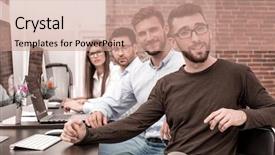  Presentation with employees - Cool new presentation theme with informal education - group of employees sitting backdrop and a  colored foreground