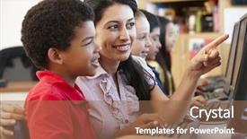  Presentation with class - Slides having informal education - teacher and schoolchildren in class background and a violet colored foreground